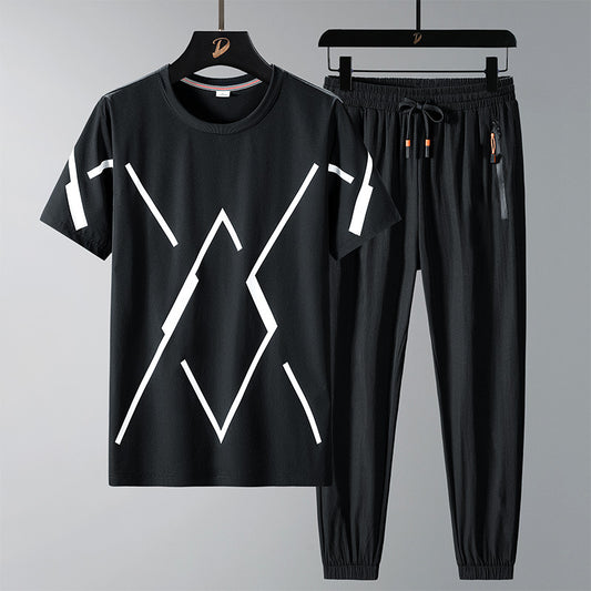 Summer Ice Silk Short Sleeve Trousers Casual Sports Suit